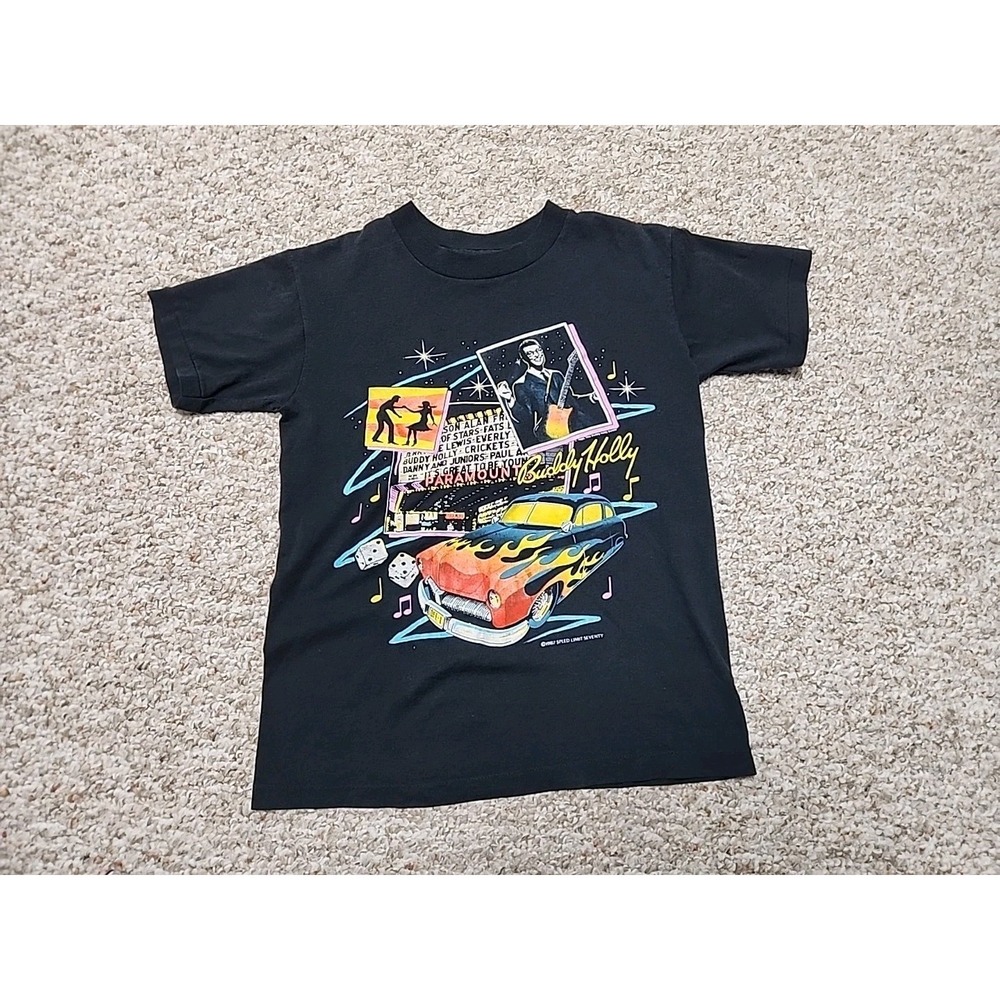 Vintage 80s BUDDY HOLLY 50s Paramount HOT ROD T-SHIRT Deadstock ROCKABILLY large